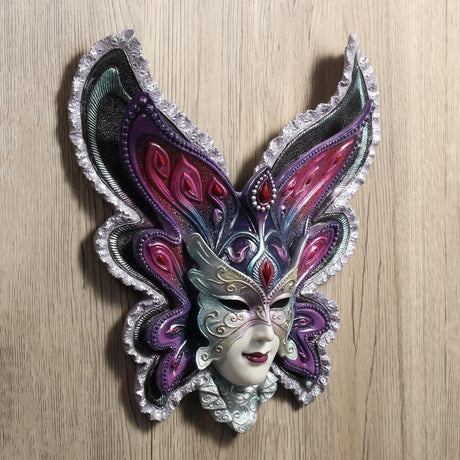 Venetian style butterfly carnival mask wall plaque in purple, black, silver