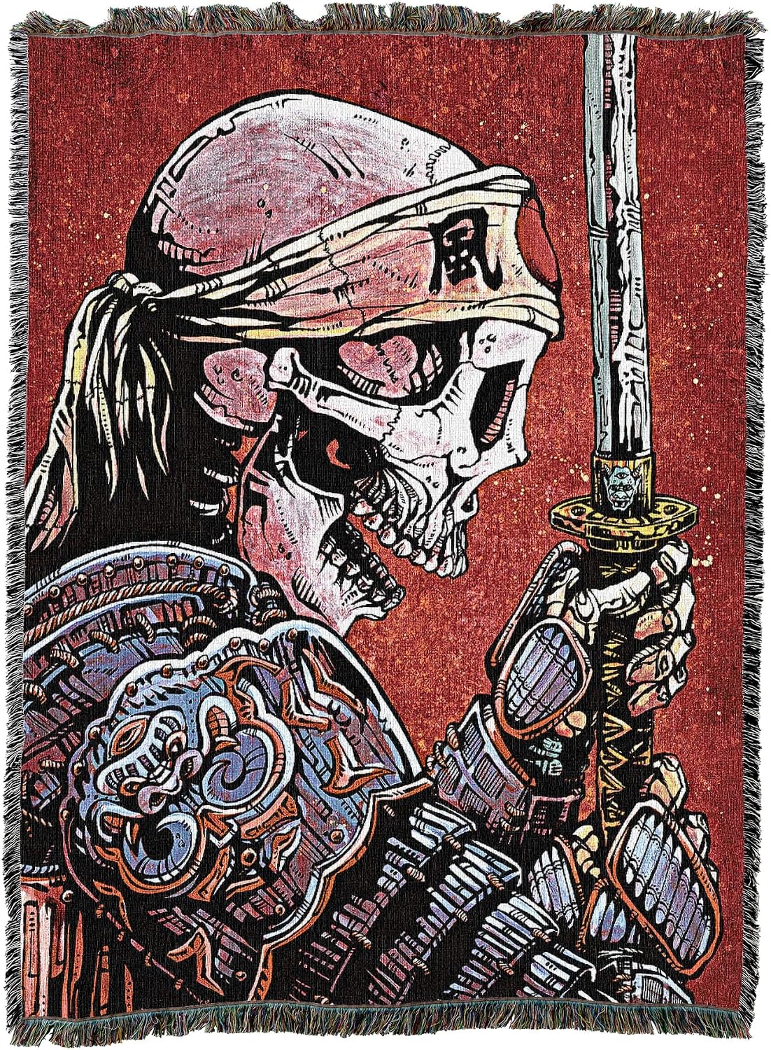 Woven blanket with a design of a skeleton in armor holding a sword on a red background
