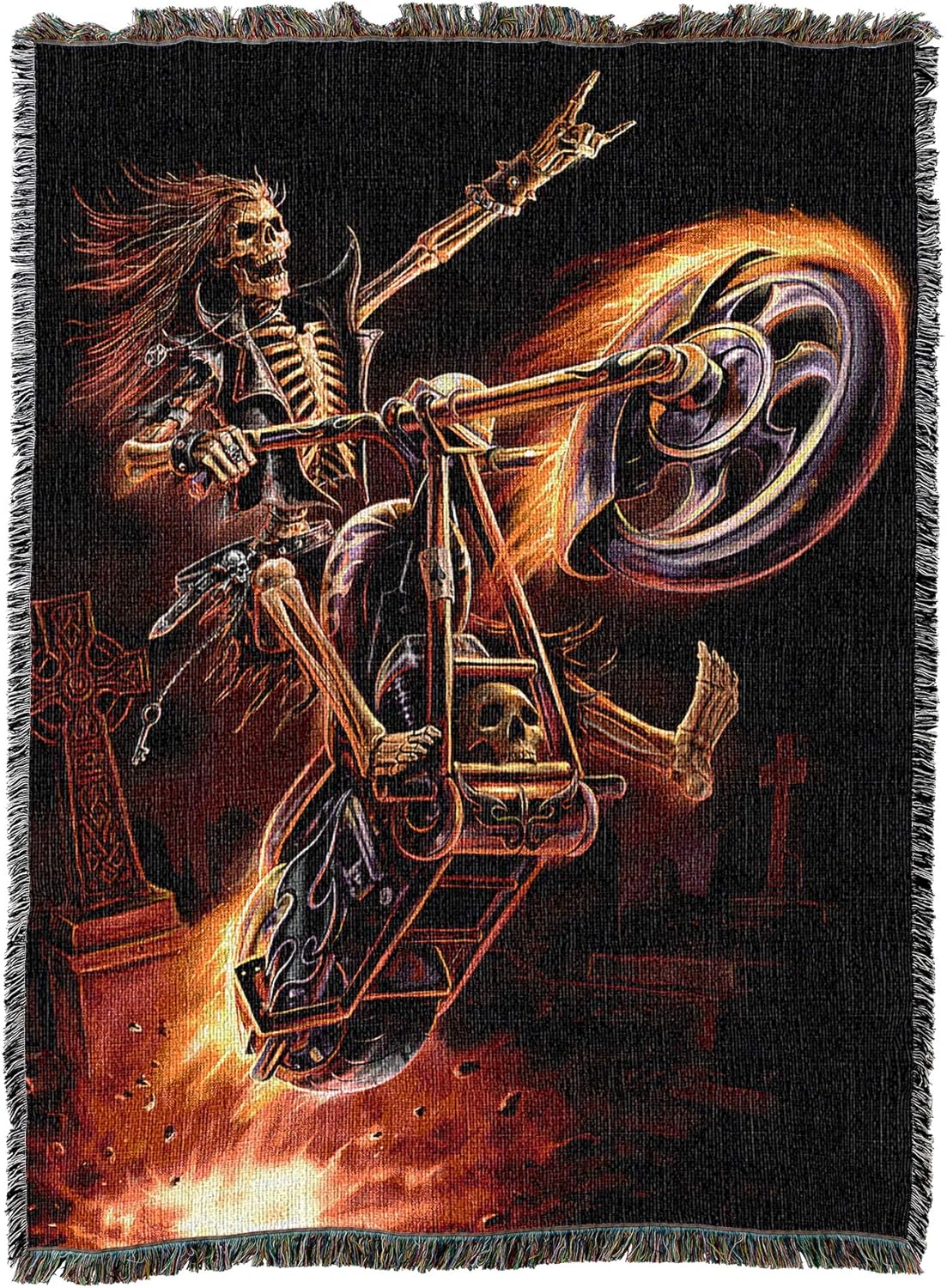 Skeletal figure on a motorcycle with flames and gravestone in the background on a woven blanket.