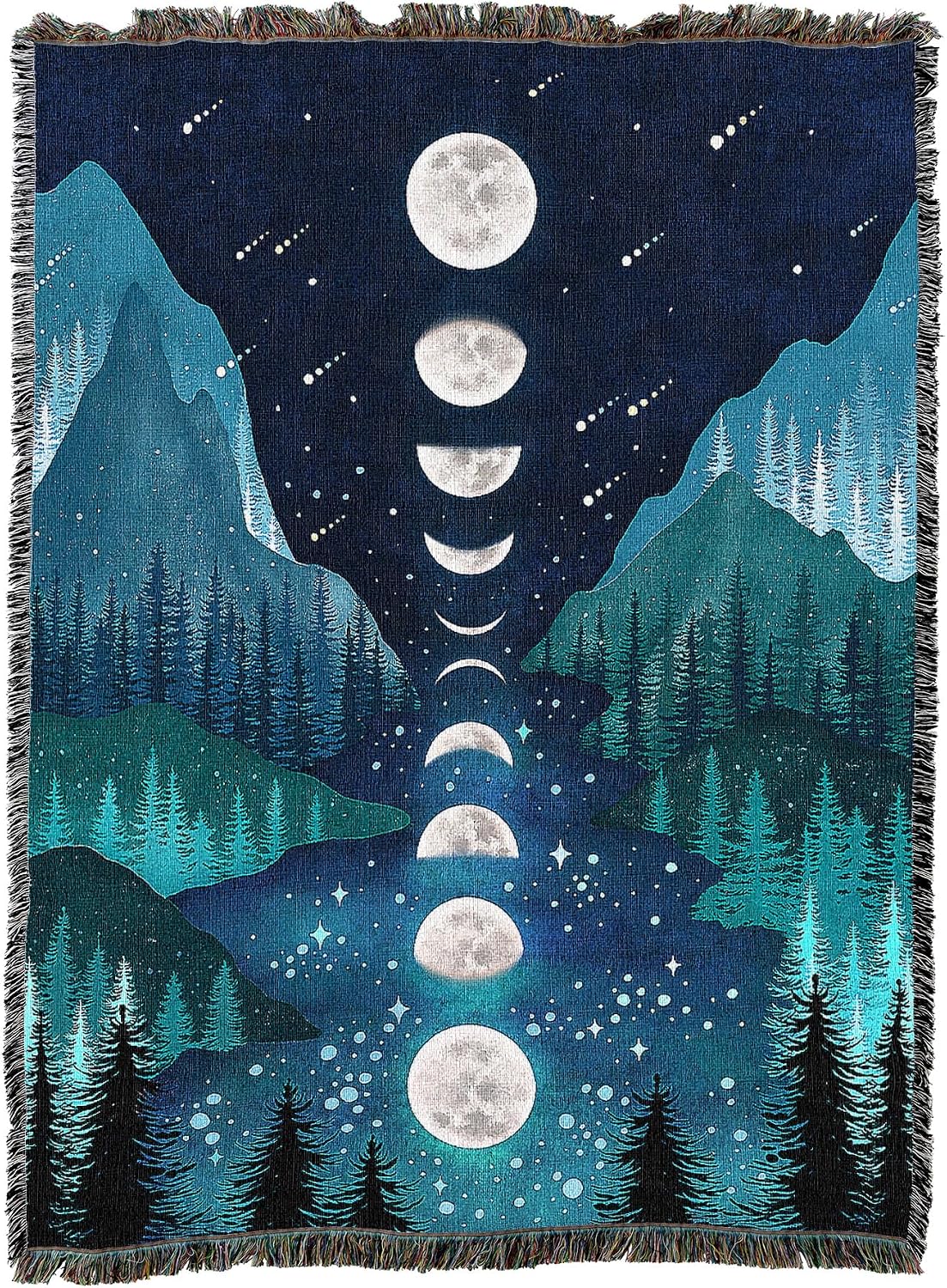Woven blanket with moon phases and mountain landscape design