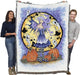 Haunted Pumpkin tapestry blanket held by two adults to show large size