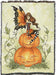 Tapestry blanket with a fairy in orange perched upon two stacked jack-o-lantern pumpkins