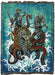 Skeleton Neptune driving forth his chariot led by skeleton seashorses on this tapestry blanket