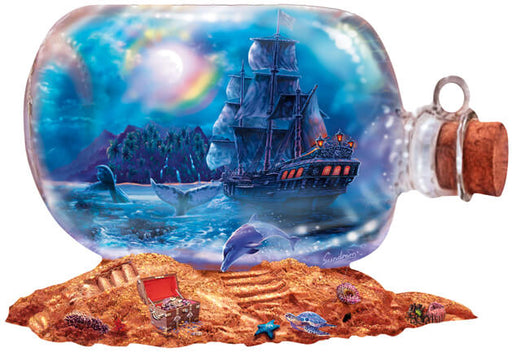 Shaped jigsaw puzzle of a ship in a bottle - pirate ship and dolphins scene within the bottle under a rainbow moon, and sand with treasure below