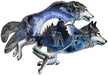 Finished jigsaw puzzle of two wolves running, with more images of wolves within the shape