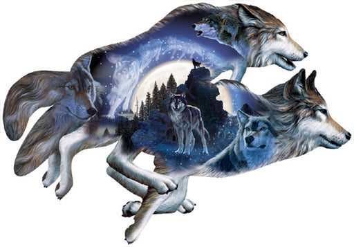 Finished jigsaw puzzle of two wolves running, with more images of wolves within the shape