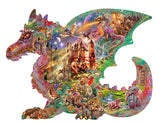 Dragon shaped jigsaw puzzle with fantasy scnees inside showing off many dragons, castle, treasure and more in rainbow colors