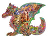 Dragon shaped jigsaw puzzle with fantasy scnees inside showing off many dragons, castle, treasure and more in rainbow colors