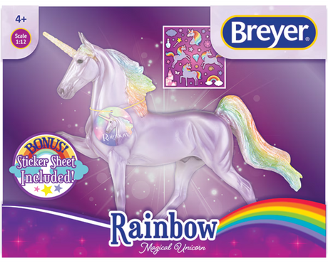 Boxed Breyer model horse - Rainbow Magical Unicorn, lavender color with pastel rainbow mane & tail, includes sticker sheet