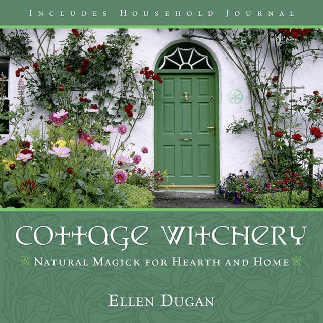 Book cover of 'Cottage Witchery' with a green door and flowers.