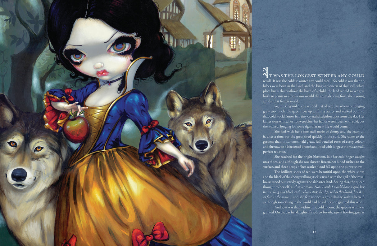 Example page of Snow White with apple and wolves, and the start of her story