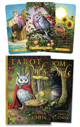 Tarot of the Owls boxed deck set, art by Elisabeth Alba, by Pamela Chen, showing box, cover, cards