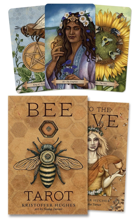 Bee Tarot - Collection of tarot cards featuring a bee, a woman, and a sunflower on a textured brown background.