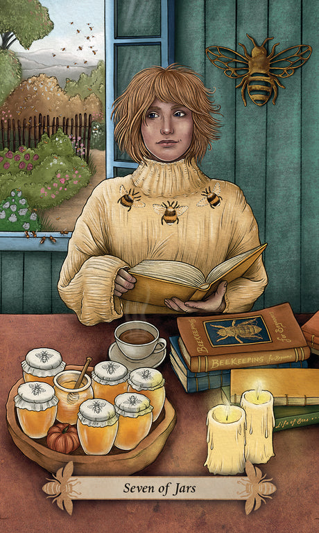 Card from a tarot deck featuring a person with a book, cups, and candles on a table. And bees!
