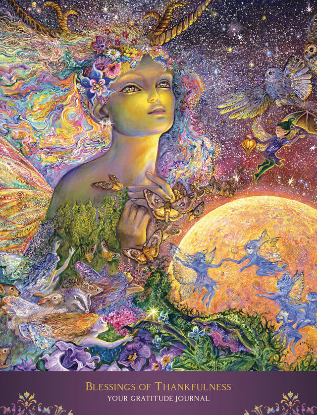 Cover of 'Blessings of Thankfulness' gratitude journal with fantasy design featuring a woman, moon, and fairies.