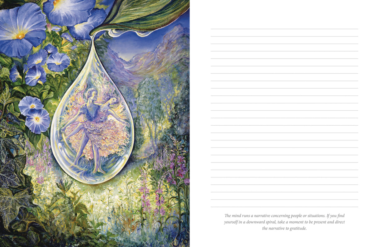 A split-page journal spread: the left side shows a colorful illustrated teardrop containing a dancing fairy pair among blue flowers and green foliage, and the right side is a white lined writing area with a short caption at the bottom.