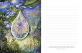 A split-page journal spread: the left side shows a colorful illustrated teardrop containing a dancing fairy pair among blue flowers and green foliage, and the right side is a white lined writing area with a short caption at the bottom.