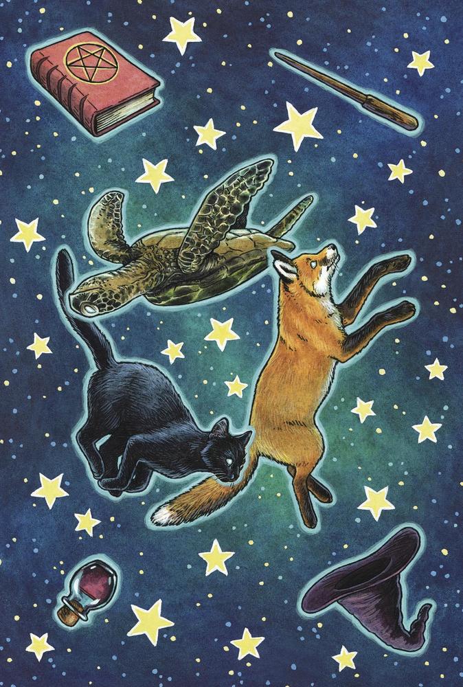 Everyday Witch's Familiars Oracle deck & guidebook card example with turtle, cat, frog, and magical implements