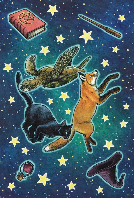 Everyday Witch's Familiars Oracle deck & guidebook card example with turtle, cat, frog, and magical implements