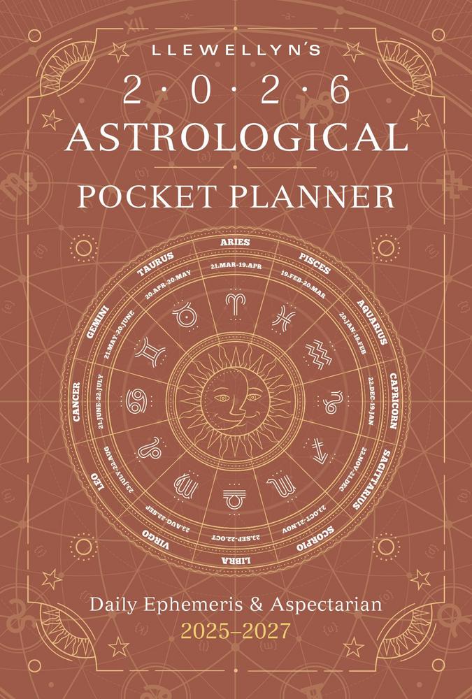 Llewellyn's 2026 Astrological Pocket Planner with astrological symbols on a brown background