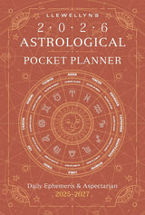 Llewellyn's 2026 Astrological Pocket Planner with astrological symbols on a brown background