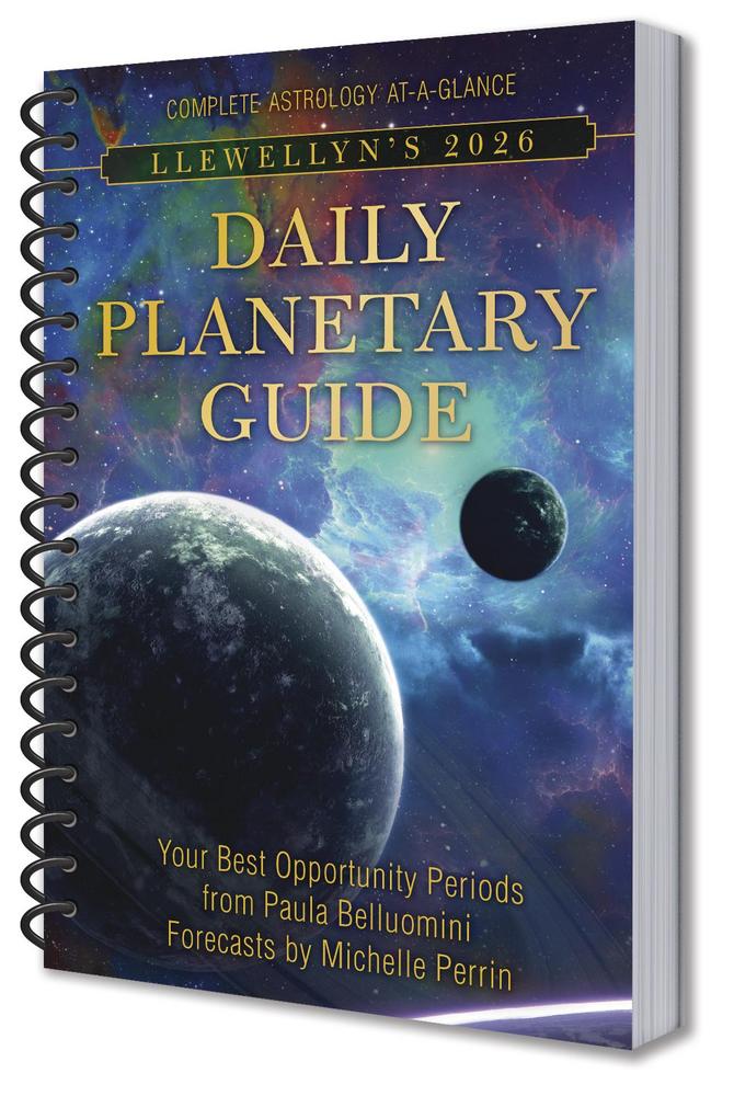Spiral-bound book titled 'Llewellyn's 2026 Daily Planetary Guide' with celestial design on cover
