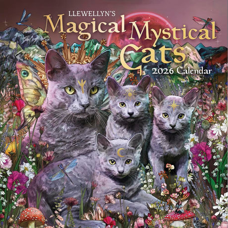 2026 Magical Mystical Cats calendar with gray felines amidst flowers