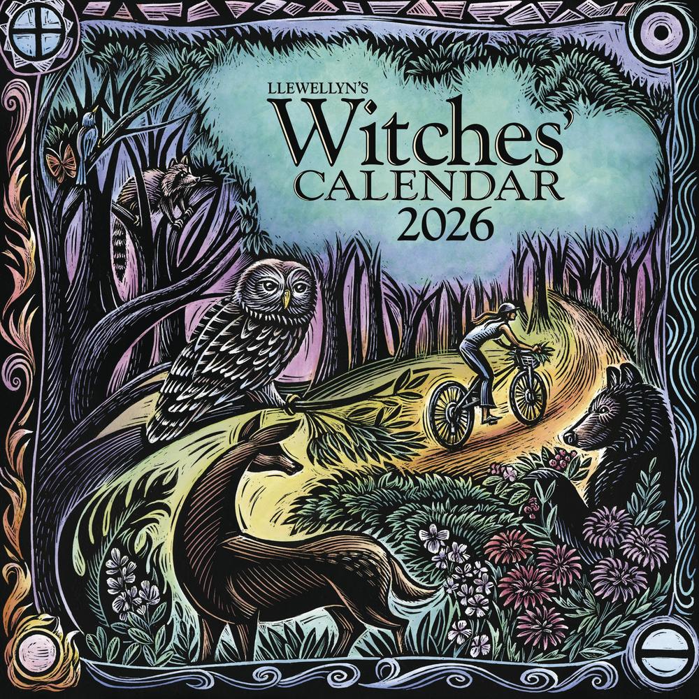 Front cover of 2026 Witches' Calendar with biker amidst forest and animals