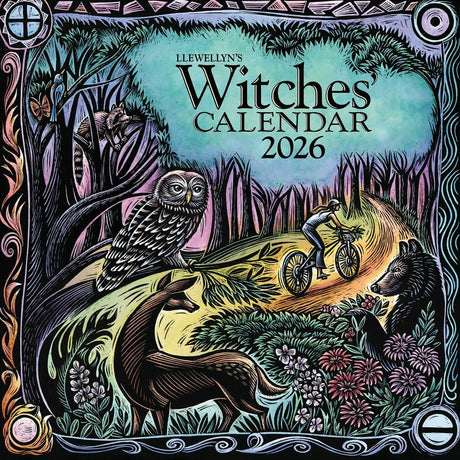 Front cover of 2026 Witches' Calendar with biker amidst forest and animals