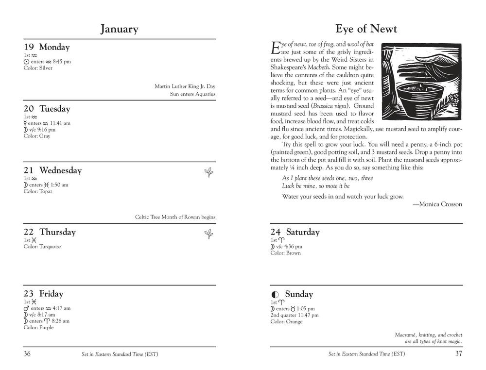 January page from Witches' Datebook with Eye of Newt information