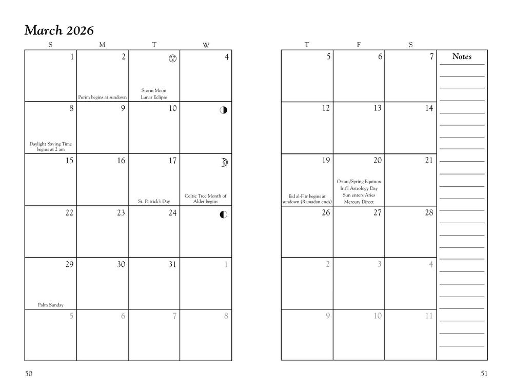 March 2026 calendar in the Witches' Datebook