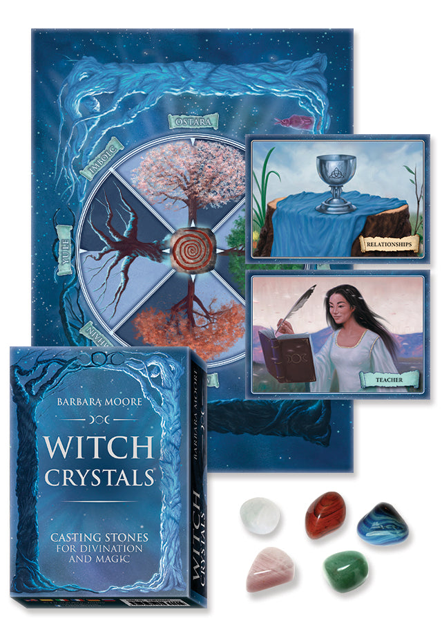 Witch Crystals packaging with crystals and cards with guidebook