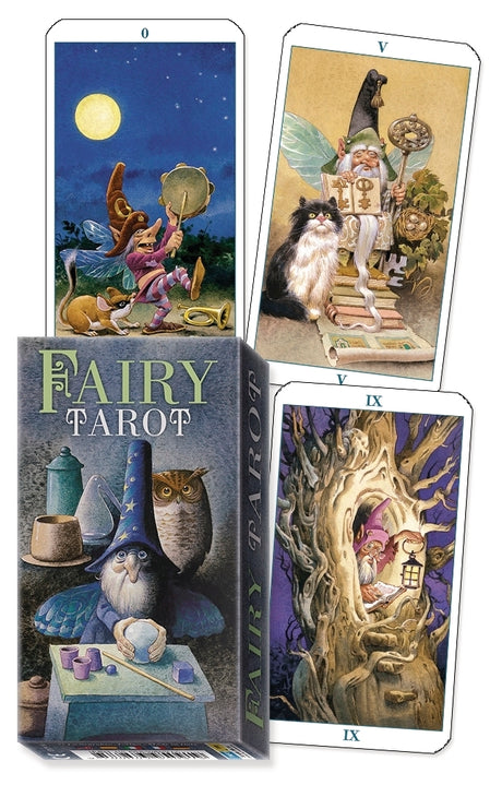 Tarot Deck - Fairy Tarot showing cover with wizard and owl, three card examples (fairy with tambourine, fairy man with cat, fairy in tree house)