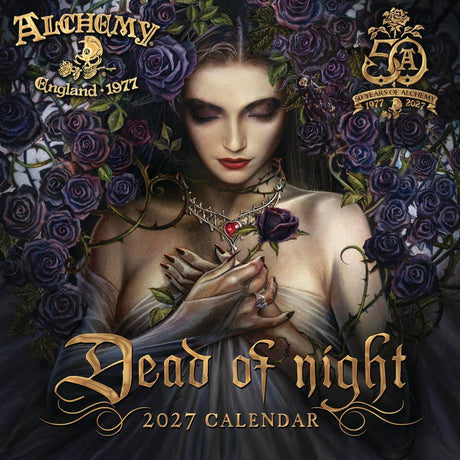 2027 Dead of Night calendar cover featuring a woman with flowers and 'Alchemy England 1977' branding.