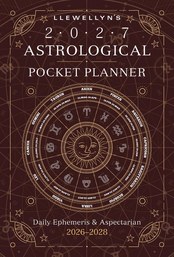 Llewellyn's 2027 Astrological Pocket Planner with astrological symbols on a brown background