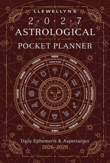Llewellyn's 2027 Astrological Pocket Planner with astrological symbols on a brown background