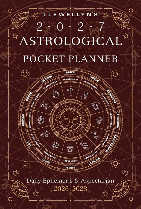 Llewellyn's 2027 Astrological Pocket Planner with astrological symbols on a brown background