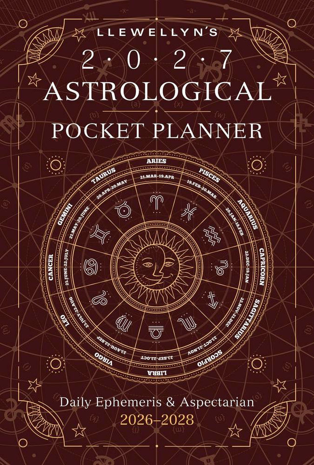 Llewellyn's 2027 Astrological Pocket Planner with astrological symbols on a brown background