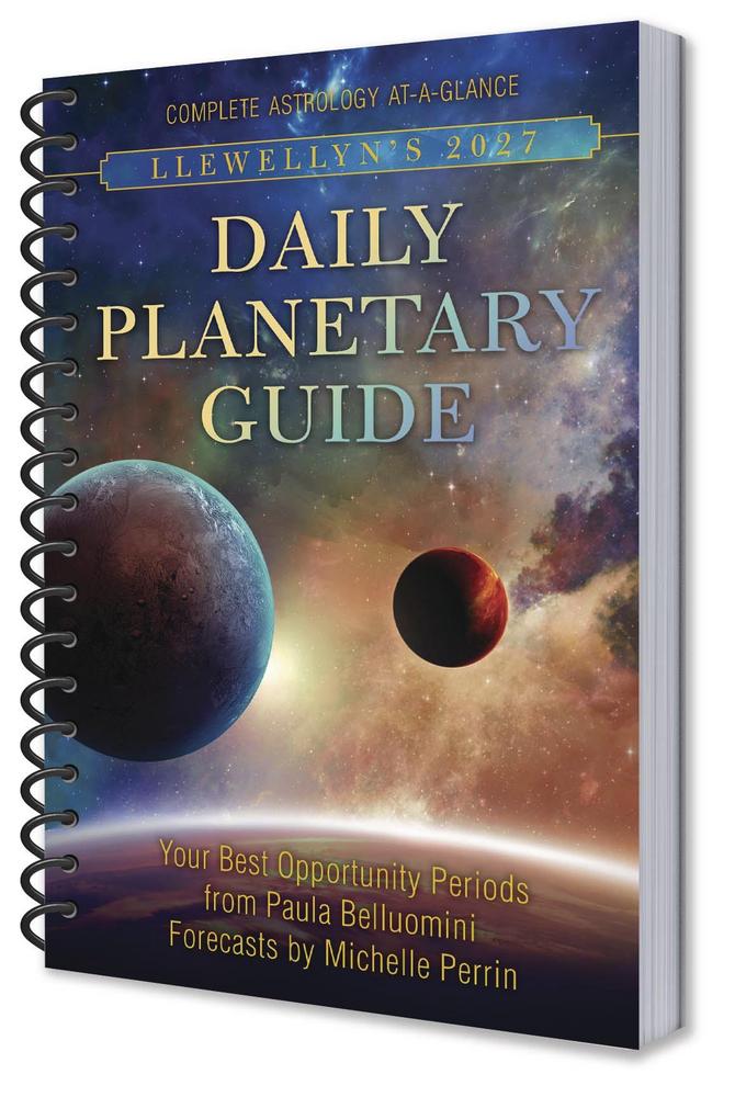 Spiral-bound book titled 'Llewellyn's 2027 Daily Planetary Guide' with celestial design on cover