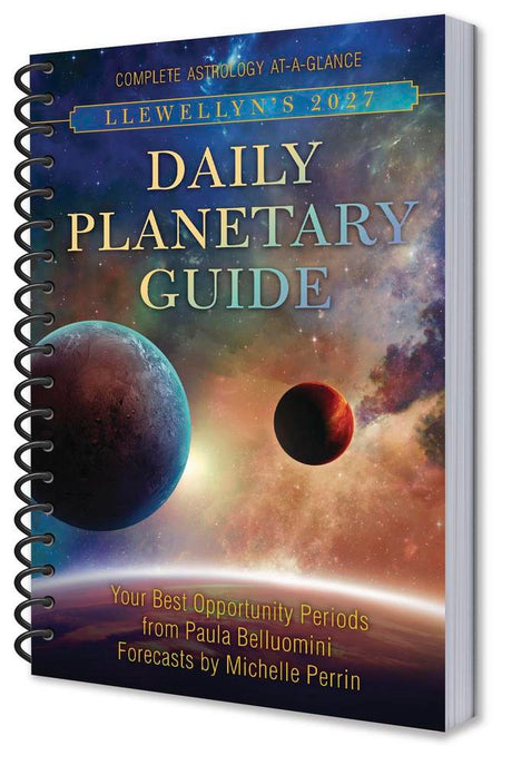 Spiral-bound book titled 'Llewellyn's 2027 Daily Planetary Guide' with celestial design on cover