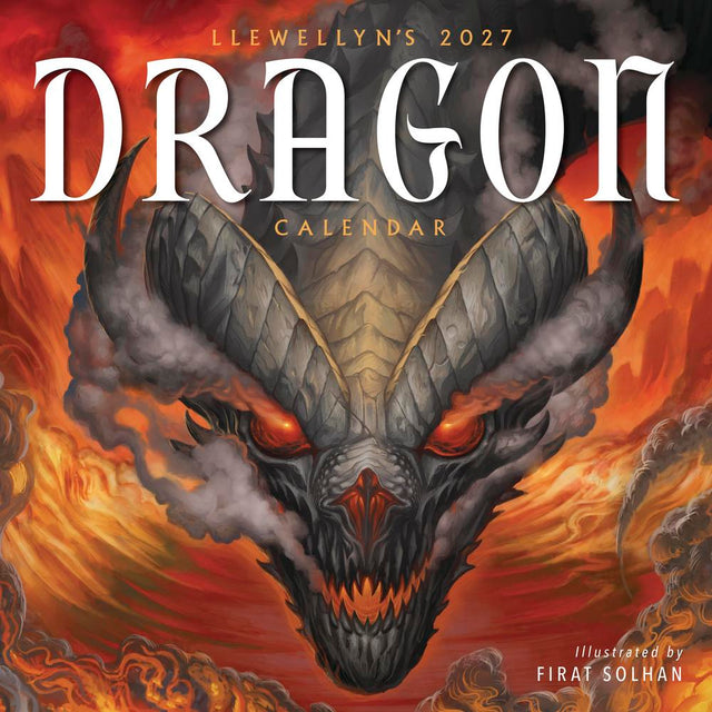 Dragon-themed calendar cover with fiery background and 'Llewellyn's 2027 Dragon Calendar' text.
