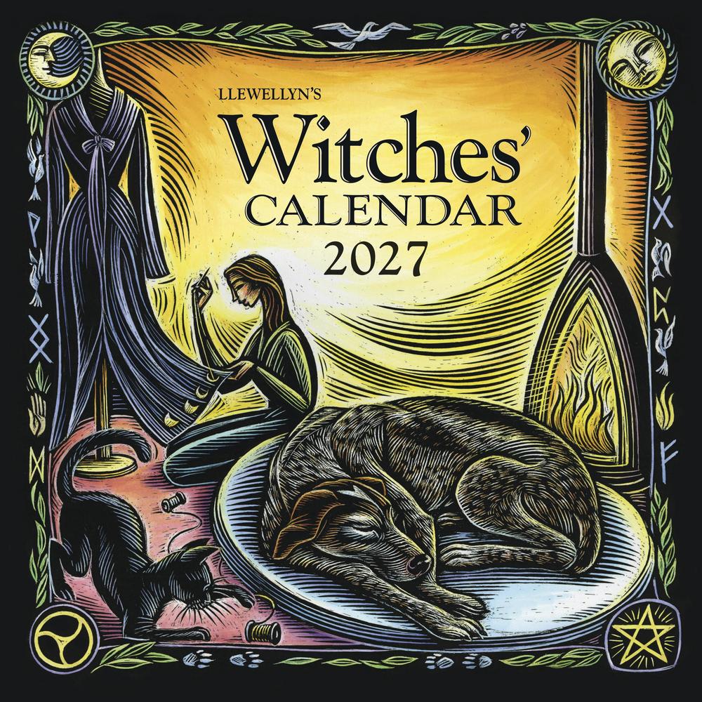 Cover of Llewellyn's Witches' Calendar 2027 featuring a witch, dog, and black cat.