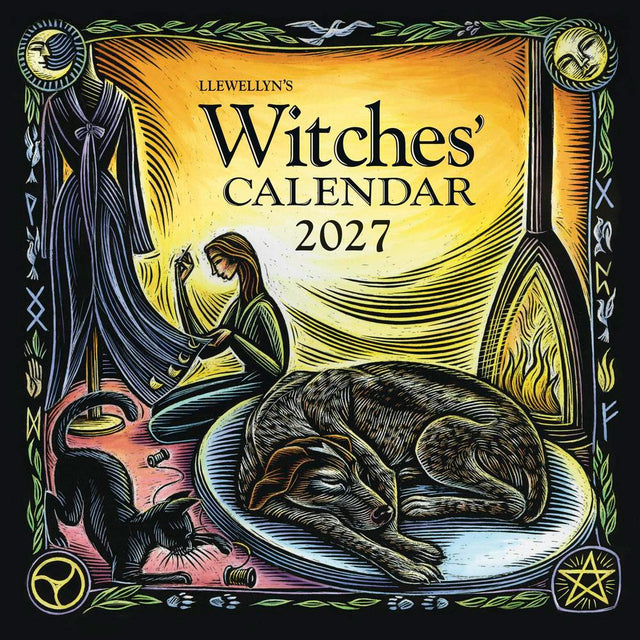 Cover of Llewellyn's Witches' Calendar 2027 featuring a witch, dog, and black cat.