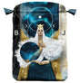 Tarot, card or dice bag with queenly goddess holding a circle of sky, sitting on throne draped in gold pomegranate fabric