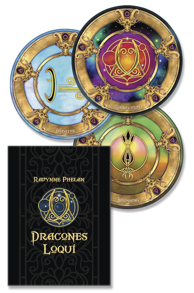 Dracones Loqui oracle deck by Ravynne Phelan, with round cards