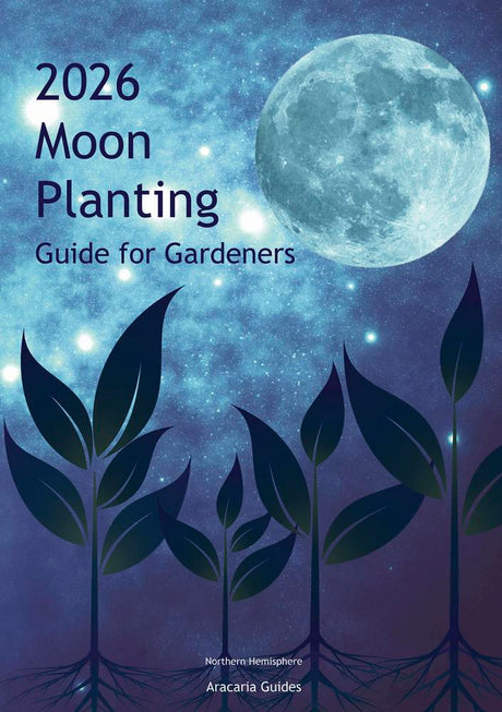 Booklet cover of '2026 Moon Planting Guide for Gardeners' with a moon and plants design.