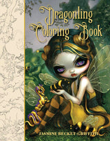 Dragonling Coloring Book by Jasmine Becket-Griffith with a fairy and dragon illustration on a green forest background.