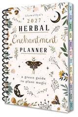 Planner titled 'Llewellyn's 2027 Herbal Enchantment Planner' with decorative cover featuring plants and celestial elements.