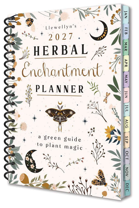 Planner titled 'Llewellyn's 2027 Herbal Enchantment Planner' with decorative cover featuring plants and celestial elements.
