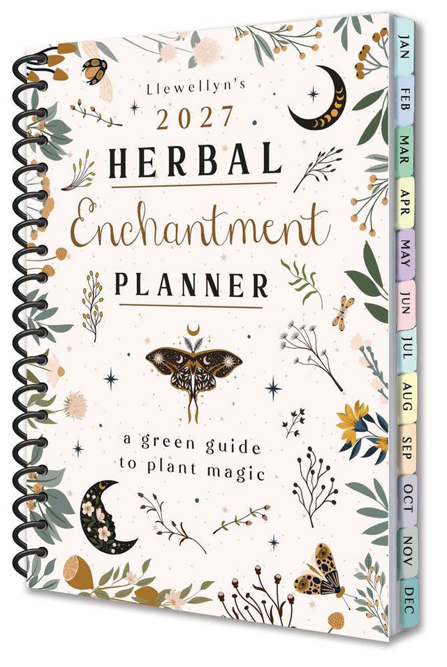 Planner titled 'Llewellyn's 2027 Herbal Enchantment Planner' with decorative cover featuring plants and celestial elements.